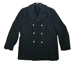 US Naval Academy USN Wool PeaCoat Sz 44 Black Lined Pea Coat Thorngate 1980s